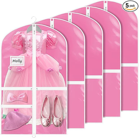 Univivi Dance Costume Garment Bags for Kids, 40 Inch Foldable Hanging Garment Bags for Dancers with Clear PVC Window and 3 Zipper Pockets, Rose Red (5 Pack)