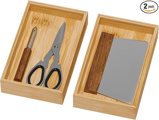Lixple Bamboo Drawer Organizer for Kitchen Utensils, 2 Pack Stackable Bamboo Kitchen Drawer Organizers, Silverware & Utensil Drawer Trays, 10" x 6" x 2" (Outer), 9.3" x 5.3" x 1.3" (Inner)