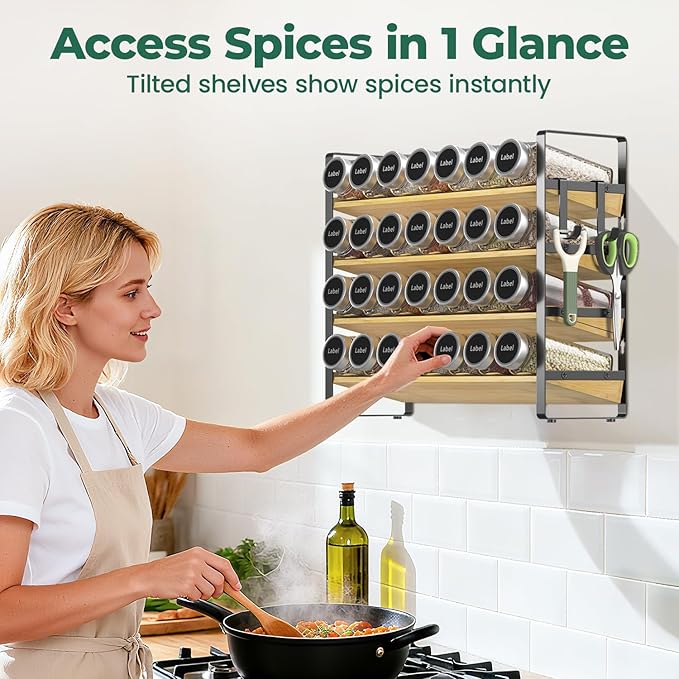 EsLuker.ly Spice Seasoning Rack Organizer Kitchen Countertop, 4 Tier Bamboo Spice Shelf Holder Storage with 4 Hooks, Wall Mounted Freestanding Stand for Pantry, Quick Spice Access(Jars Not Included)