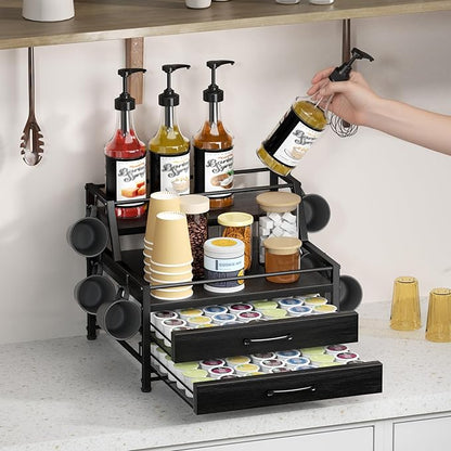 Homsorout Coffee Syrup Rack Organizer - 4-Tier 8 Syrup Wine Bottles Stand with 82 Storage Drawer for K Cups, Coffee Pod Holder for Countertop, Bar Station, Kitchen, Black