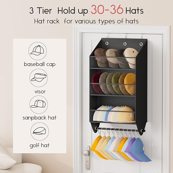 Homsorout Over the Door Hat Rack - 3-Layer Design Hat Organizer Holds 30-36 Hats with 10 Hooks, Ideal Hat Rack for Door, Over the Door Organizer for Closet, Apartment, Bedroom, Dorm, 1 Pack, Grey
