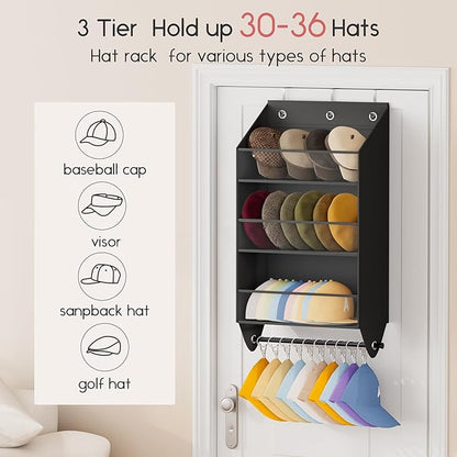 Homsorout Over the Door Hat Rack - 3-Layer Design Hat Organizer Holds 30-36 Hats with 10 Hooks, Ideal Hat Rack for Door, Over the Door Organizer for Closet, Apartment, Bedroom, Dorm, 2 Pack, Black