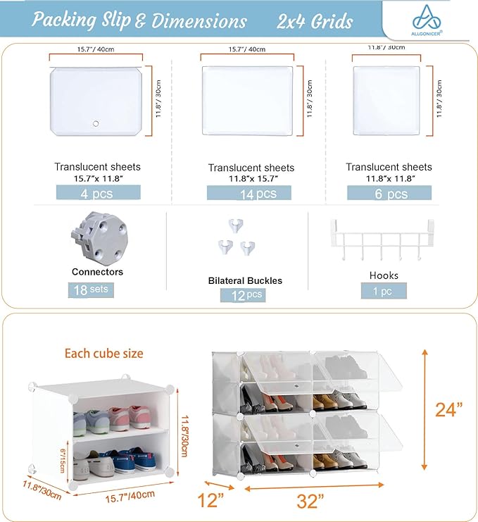 Patented Shoe Racks Organizers Shelves, Floor-Standing, Wall Hanging, Sturdy and extendable. Easy DIY Assembly, for Door Entrance, Closet, and Workplace (2x4Grid, White)