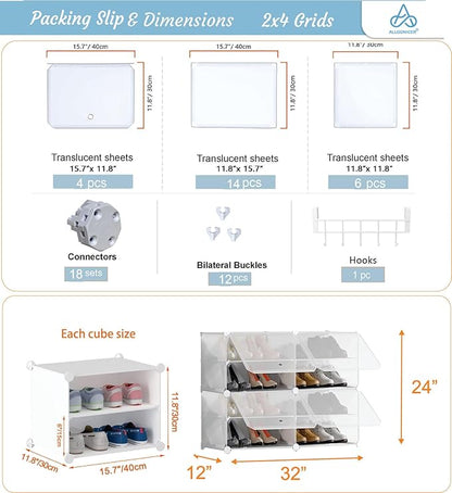 Patented Shoe Racks Organizers Shelves, Floor-Standing, Wall Hanging, Sturdy and extendable. Easy DIY Assembly, for Door Entrance, Closet, and Workplace (2x4Grid, White)