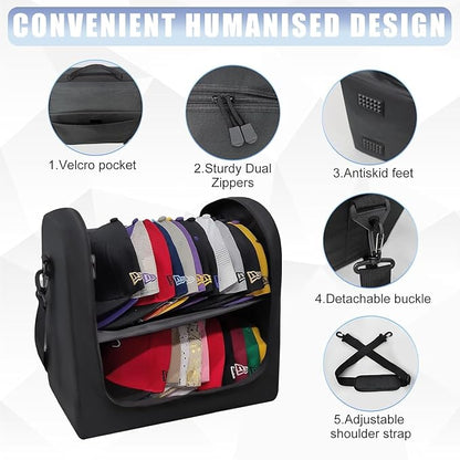 Large Hat Bag for Baseball Caps, Portable Hat Organizer Carrier for Travel, Hat Storage Box Holder for 24 Snapback Caps, Baseball Cap Traveling Case for Men, Black, and Gift Hat Hooks