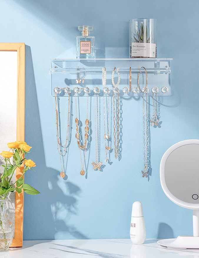 Mymazn 2 Pack Acrylic Necklace Holder with Shelf, 12 Diamond Shape Hooks and Removable Bracelet Rod, Wall Mounted Jewelry Organizer Hanging Rack Clear Jewelry Hangers