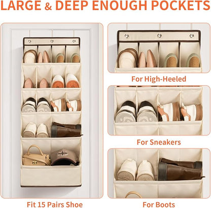 FENTEC 1 Pack Over the Door Shoe Organizers, Hanging Shoe Organizer with Large Deep Pocket Shoe Holder for Closet Shoes Rack for Wall, Over Door Shoe Storage Hold up to 18 Pairs Shoes, Beige