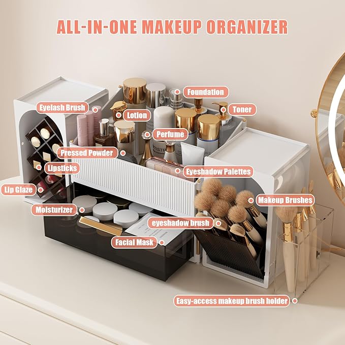 Large Makeup Organizer for Vanity with Brush Holder and Lipstick Display Stand, Countertop Cosmetic Storage with Drawer for Skincare, Nail Polish, Perfume and Eyeshadow Palettes
