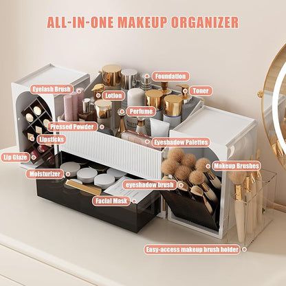 Large Makeup Organizer for Vanity with Brush Holder and Lipstick Display Stand, Countertop Cosmetic Storage with Drawer for Skincare, Nail Polish, Perfume and Eyeshadow Palettes