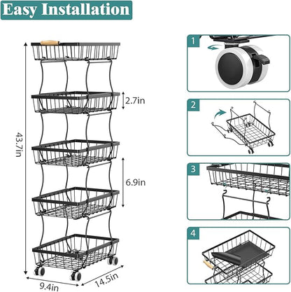 CHLORYARD 5 Tier Slim Fruit Basket for Kitchen, Stackable Wire Fruit Vegetable Storage Baskets Organizer Stand on Wheels, Metal Produce Basket Potato Onion Storage Bins Rack for Pantry, Black
