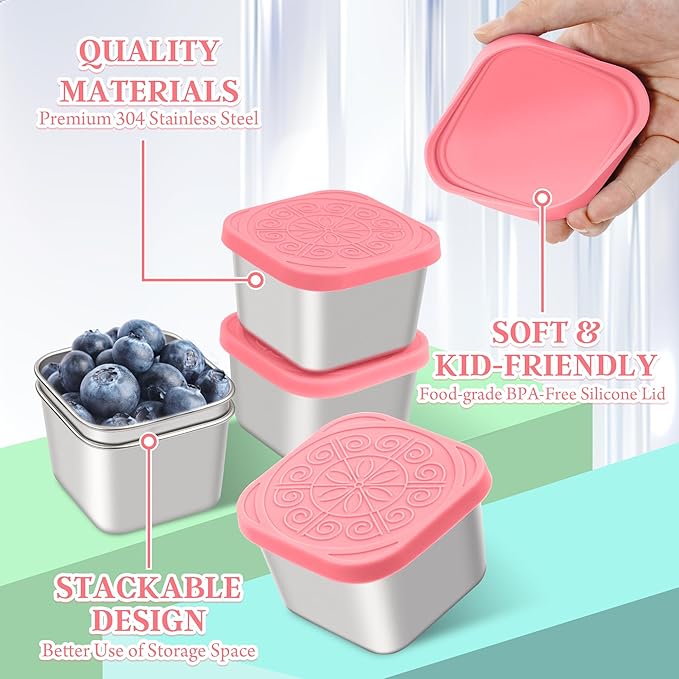 Qukaka Stainless Steel Snack Containers for Kids,7.2oz Easy Open Leak Proof Reusable Snack Box Container with Lids,Small Lunch Containers for Meal Prep,School,Picnic and Travel-3Pack