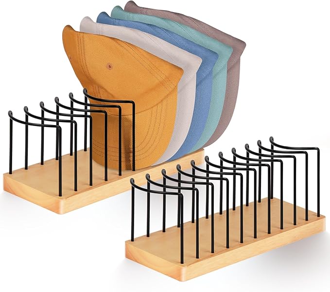Hat Organizer for Baseball Caps, Wooden Tabletop Hat Rack Holder for 10 Hats Hat Display Stand for Closet Organizers and Storage Natural 2 Pack
