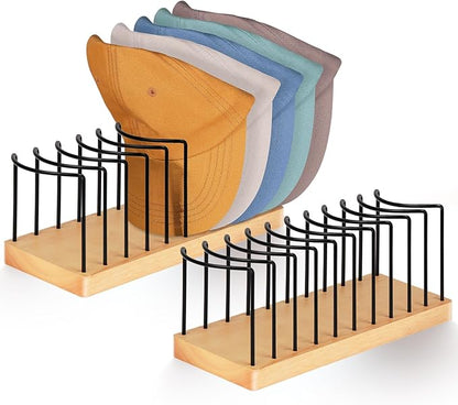 Hat Organizer for Baseball Caps, Wooden Tabletop Hat Rack Holder for 10 Hats Hat Display Stand for Closet Organizers and Storage Natural 2 Pack