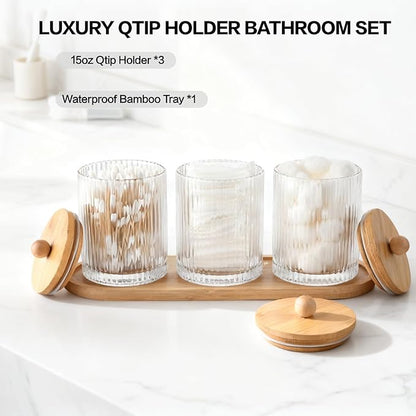 3 Pack Qtip Holder Bathroom Set,Cotton Pad Ball Swab Holder Cotton Round Floss Pick Dispenser with Tray,Glass Apothecary Jars with Lids,Bathroom Organizers and Storage Canisters