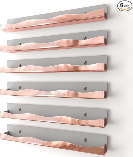 Wall-Mounted Nail Polish Organizer Rack - 15-Inch Rose Gold Mirror Finish Nail Polish Shelf, Makeup & Beauty Essentials Storage - Multi-Purpose Display Holder for Small Space, Vanity Bathroom, 6 Pack