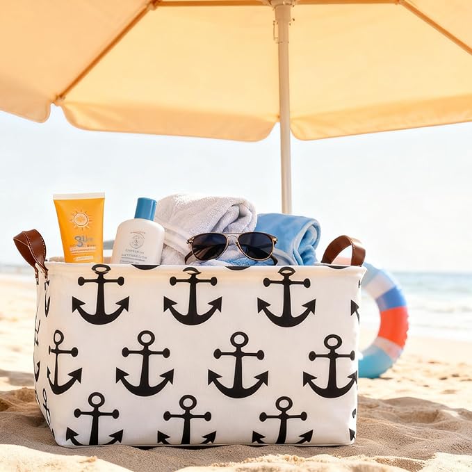 Collapsible Storage Basket with Handles, Waterproof Foldable Organizer Bin 15x10x9 Inches, Nautical Anchor Decor for Toys, Shelves, Home