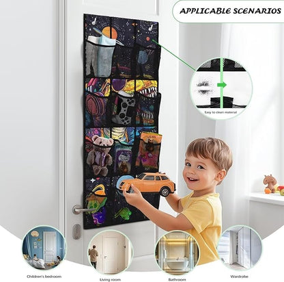 Solar System Dinosaur Over The Door Organizer, 12 Large Pockets Space & Dinosaur Theme Shoe Rack for Kids Room, Educational Decor for Shoes & Toys