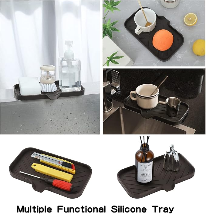 MicoYang Silicone Bathroom Soap Dishes with Drain Spout-Bathroom and Kitchen Sink Organizer,Sponge Holder,Dish Soap Tray,Perfect for Dispenser,Scrubber,Bottle,Cup on Sink or Counter-Coffee 9.6"×5.3"