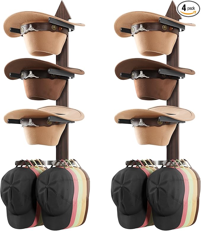 Cowboy Hat Rack for Wall, Cowboy Hat Holder Wall Mount Holds up to 4 Hats, Wooden Western Rustic Metal Hat Hanger with Arrow Sign Board, Hat Organizer for Cowboyhat, Fedora,Sun Hats 2 Pack