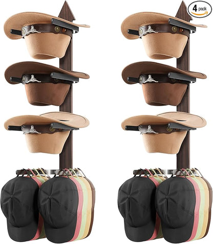 Cowboy Hat Rack for Wall, Cowboy Hat Holder Wall Mount Holds up to 4 Hats, Wooden Western Rustic Metal Hat Hanger with Arrow Sign Board, Hat Organizer for Cowboyhat, Fedora,Sun Hats 2 Pack