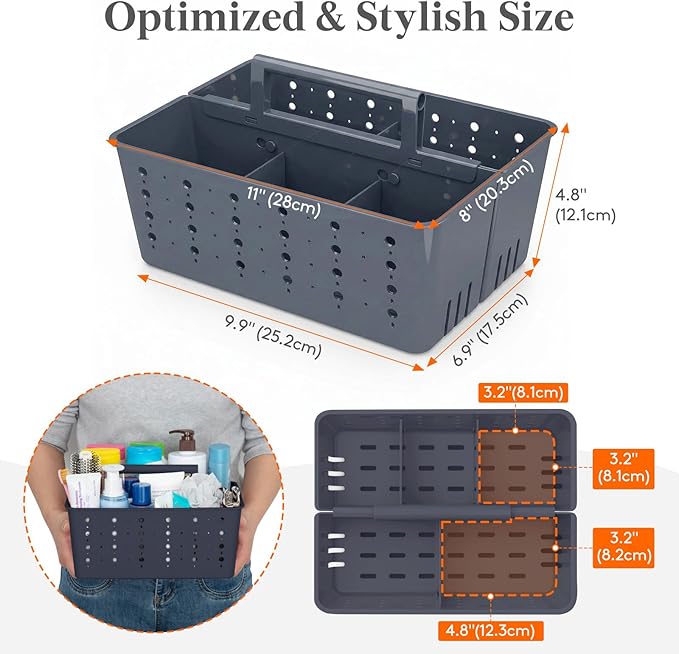Lifewit Shower Caddy Portable, Cleaning Supplies Caddy Organizer with Handle and Adjustable Dividers, Plastic Shower Basket for Dorm Room Essentials, College, Bathroom, Slate Blue, 1 Pack