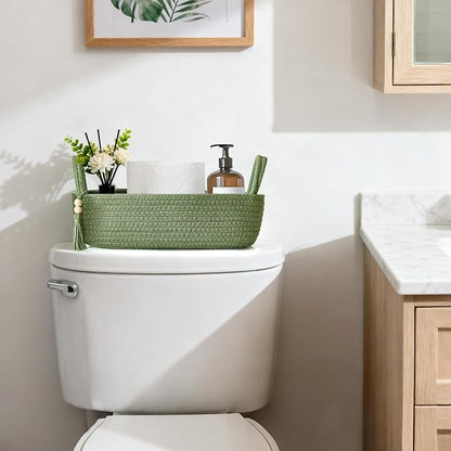 Mkono Small Storage Basket for Toilet Tank Top Boho Bathroom Decor Woven Rope Toilet Paper Tray Organizer for Shelf Bedroom Living Room, Green, 13" L x 6" W