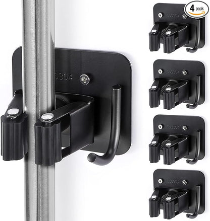 Stainless Steel Broom Holder, Heavy Duty, Rust Resistant, 4 Gripper Positions with 4 Hooks, Black