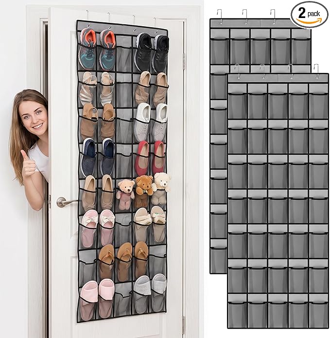 2 Pcs Over The Door Shoe Organizer, Space Saving Hanging Shoe Rack Hanger with 40 Large Breathable Mesh Pocket for Closet Entryway Bedroom Dorm (2Pcs 80 Large Mesh Pocket Total)(Black)