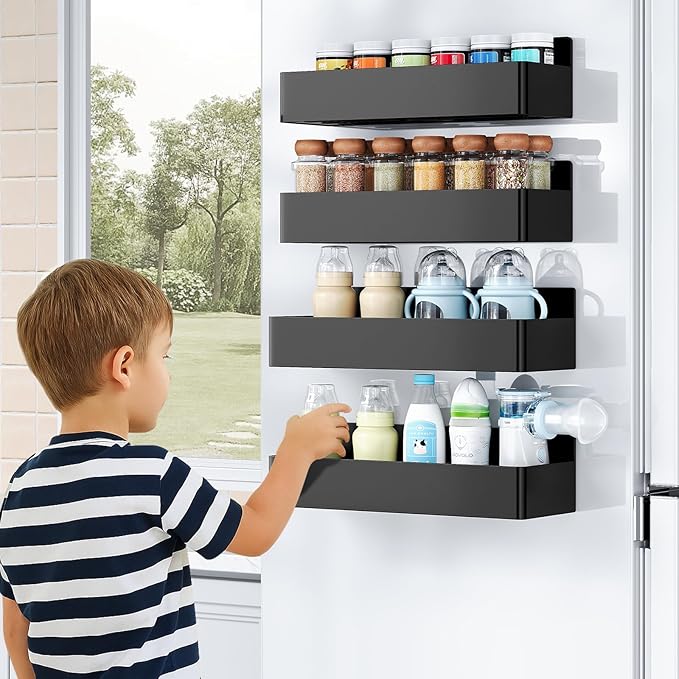 Mystozer Magnetic Spice Rack for Refrigerator, Kitchen Organizer and Storage Shelf, Black (2 Pack)…