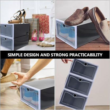 6pcs Black Flip-top Shoe Storage Boxes 33x23x14.5cm Plastic Sneaker Containers Dustproof Anti-oxidation Stackable Shoe Organizers for Men’s Closet and Travel