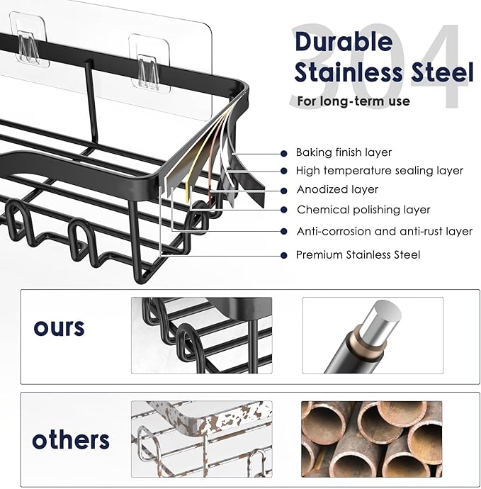 NESOMI Shower Caddy Adhesive Shower Organizer 8-Pack, Rustproof Stainless Steel Bathroom Shelves, Large Capacity No-Drill Rack Storage Accessories with Soap Dish Toothbrush Holder Hooks