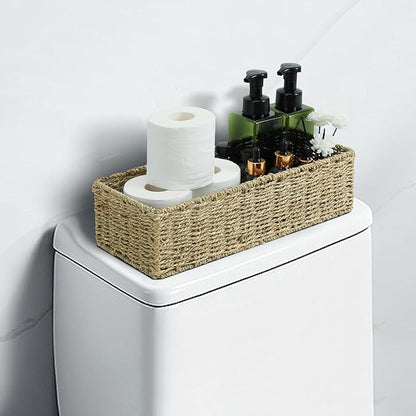 [2-Pack] Seagrass Storage Baskets, Rectangle Wicker Containers, Wicker Toilet Basket Tank Topper, Handwoven Natural Storage Baskets for Shelves, Bathroom, Bedroom (16" x 6.5" x 4.3")