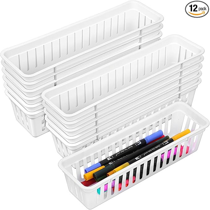 12 Pack Slim Plastic Storage Baskets Tray for Organizing 10.23 X 2.36 X2.28 Inch Stackable Small Narrow Storage Bins White Pencil Organizer Basket for Classroom Office Desk Garage Cabinet Containers