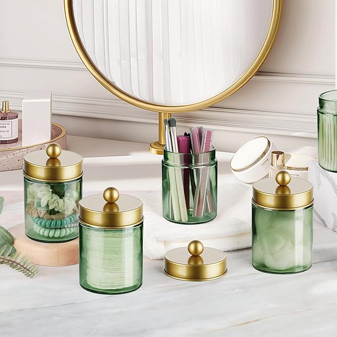 Amolliar Sage Green Apothecary Glass Jar With Metal Lid & Stickers, Bathroom Qtip Holder Storage Canister, Farmhouse Decor for Cotton Balls, Cotton Swabs, Round Pads, Bath Salt, Floss,Gold 4 Pack