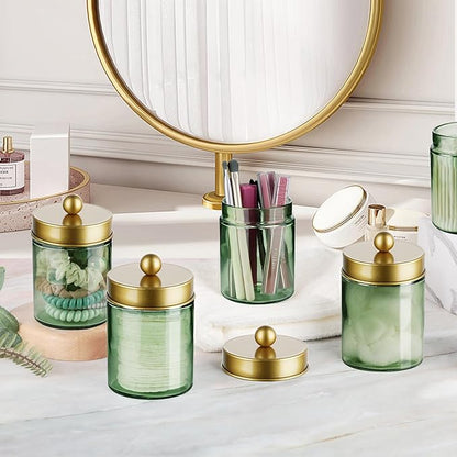 Amolliar Sage Green Apothecary Glass Jar With Metal Lid & Stickers, Bathroom Qtip Holder Storage Canister, Farmhouse Decor for Cotton Balls, Cotton Swabs, Round Pads, Bath Salt, Floss,Gold 4 Pack