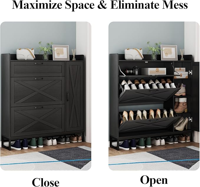 Gyfimoie Shoe Storage Cabinet with 2 Flip Drawers, Freestanding Shoe Cabinet Organizer with Storage Shelf, Shoe Rack with Adjustable Side Cabinet, Narrow Farmhouse Shoe Cabinet for Entryway (Black)