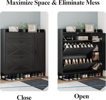 Gyfimoie Shoe Storage Cabinet with 2 Flip Drawers, Freestanding Shoe Cabinet Organizer with Storage Shelf, Shoe Rack with Adjustable Side Cabinet, Narrow Farmhouse Shoe Cabinet for Entryway (Black)