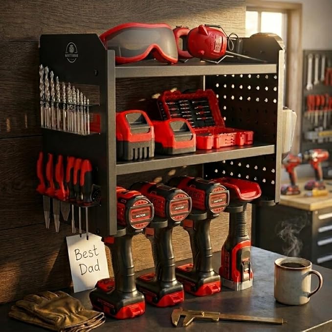 BUILTSTRONG Power Tool Organizer Wall Mount – 3-Tier Heavy-Duty Steel Rack, 4 Drill Slots, Pegboard + Utility Side, 100 lb Capacity – Garage, Workshop & Shed Storage (Black)