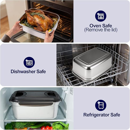 QCQHDU Stainless Steel Food Storage Containers, 7500 ML/ 254 oz / 32 Cup Large Food Storage Meal Prep Containers with Airtight Lids for Roasting Turkey, Chicken, Baking Casserole, Fruits, Party
