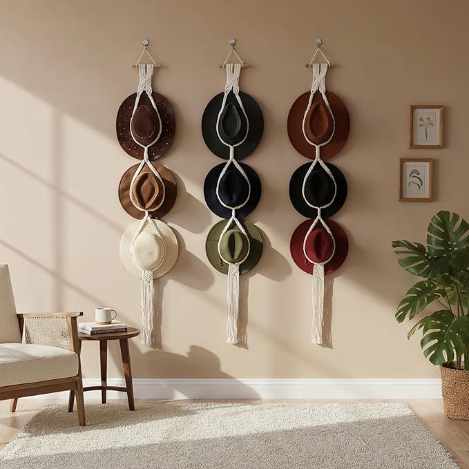 3 PCS Macrame Hat Hangers for Wall, Bohemian Hand Weaving Boho Hat Rack Organizer for Cowboy, Wide Brim, Bowler & Fedora Hats, Decorative Western Door & Wall Hanging Display (3 Hats Style)