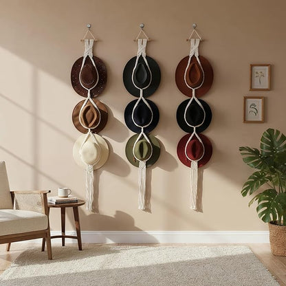 3 PCS Macrame Hat Hangers for Wall, Bohemian Hand Weaving Boho Hat Rack Organizer for Cowboy, Wide Brim, Bowler & Fedora Hats, Decorative Western Door & Wall Hanging Display (3 Hats Style)