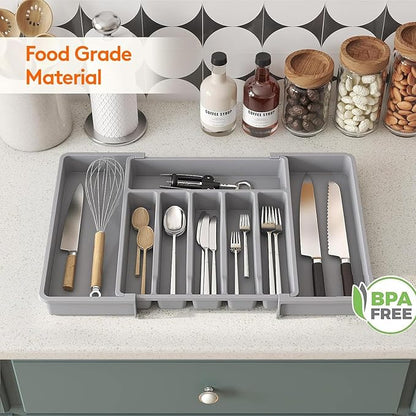 Silverware Drawer Organizer, Expandable Kitchen Drawer Organizer, Adjustable Cutlery Storage, Flatware and Cutlery Holder for Spoons Forks Knives (Gray)