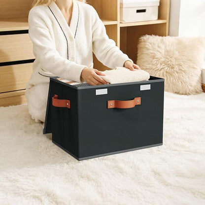 Univivi Heavy Duty Fabric Storage Bins with Lid, Large 17" 10 Gallon Stackable Storage Cube with Leather Handles, Decorative Storage Boxes with Lids for Bedroom, Closet, Nursery, Office, 3-Pack(Black)