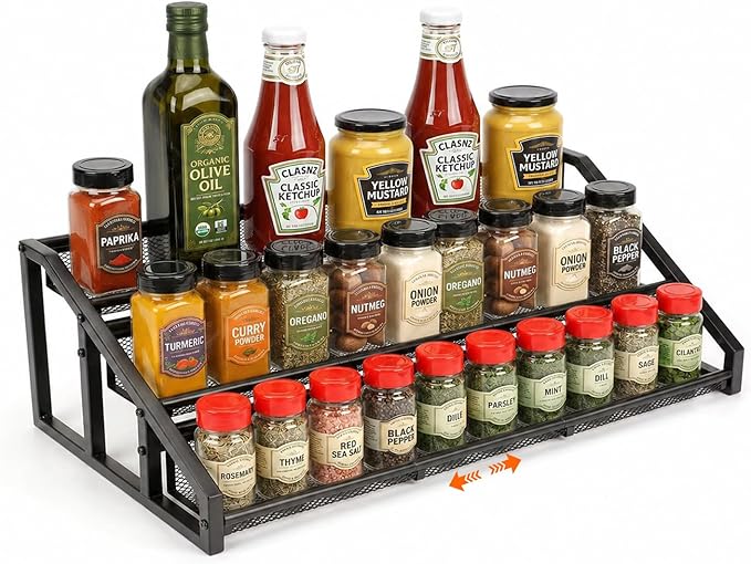 3 Tier Expandable Spice Rack Organizer for Kitchen，13.7"-23.6" Expandable Spice Organization Shelf,Metal Pantry Storage Shelves Racks,Space Saving for for Pantry, Counter top (Patent Pending)
