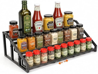 3 Tier Expandable Spice Rack Organizer for Kitchen，13.7"-23.6" Expandable Spice Organization Shelf,Metal Pantry Storage Shelves Racks,Space Saving for for Pantry, Counter top (Patent Pending)
