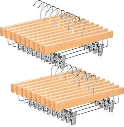 TOPIA HANGER Lotus Wood Pants Hangers, Natural Wooden Skirt Short Jeans Trouser Hanger with Smooth Surface 360° Swivel Hook Anti Rust 2 Adjustable Clips, 20 Pack, CT10PY20