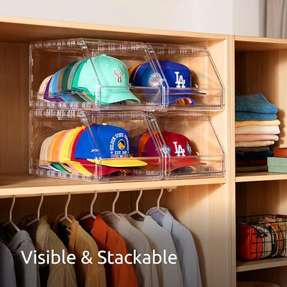 Ozueccr 2 Pack Hat Organizer for Baseball Caps – Stackable Clear Display Box with Sliding Drawer, Holds 15 Baseball Caps, Closet and Shelf Organizer for Hats, Transparent Display with Anti-Slip Feet