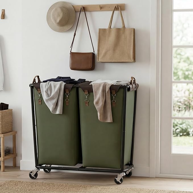 StorageWorks 330L Extra Large Laundry Hamper with Wheels, 2 Sections Laundry Basket with Wheels, Clothes Sorter Cart with Divider for Hotel, Home, Green, 1-Pack