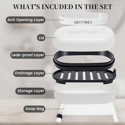 Travel Soap Box,soap Bar Holder Dish Container Case with Soap Bag & Silicone Band,Strong Sealing Leak Proof Portable,Best for Bathroom/Camping/Gym/Business Trip (White)