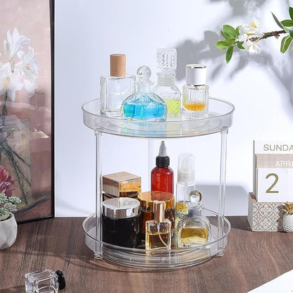 Perfume Organizer 360 Rotating Cosmetic Storage Box Transparent Acrylic Swivel Shelf Desktop Skin Care Dresser Finishing 2 Tiers Clear Perfumes Holder Display Rack Skincare Organization